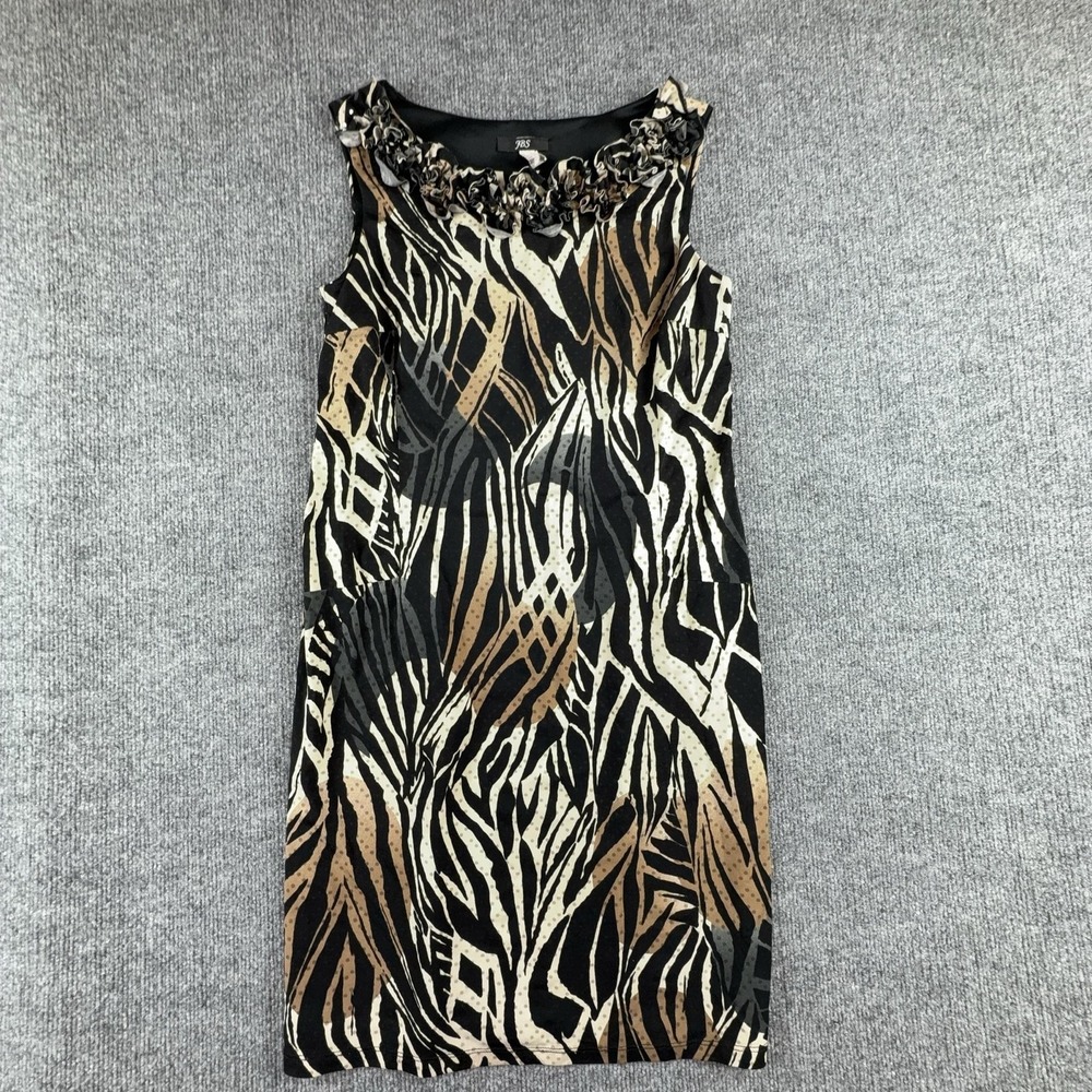 ABS Dress Womens Small Brown Black Animal Print Sleeveless Ruffle Neck